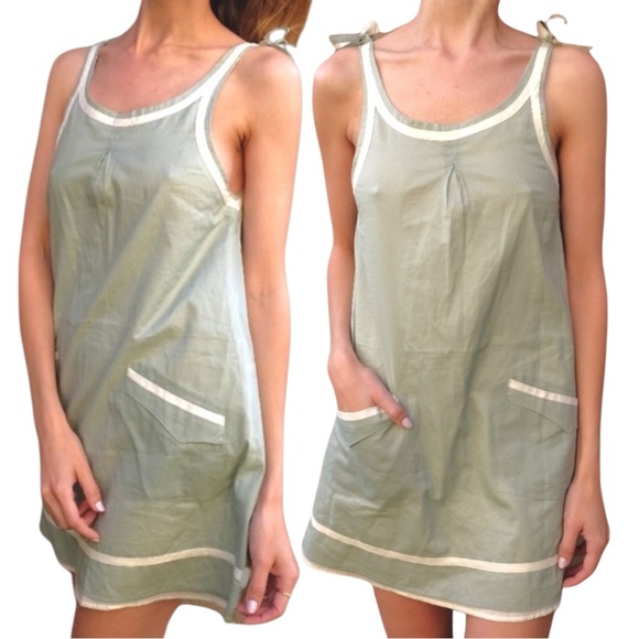 Y2K Rag & Bone Green Cream Linen Sleeveless Babydoll Mini Dress / Tunic • 2 / XS - Picture 3 of 15